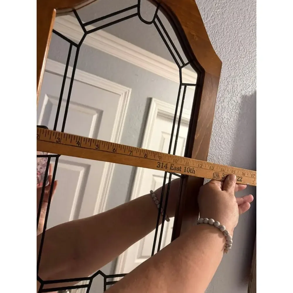 Vintage Wood & Leaded-Style Glass Arch Mirror – 23” x 13”